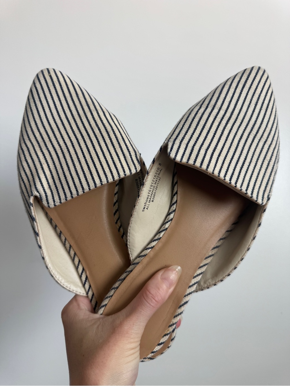 Striped Fabric Mule Flats Navy Cream Pointed Toe Slip On Shoes Size 8